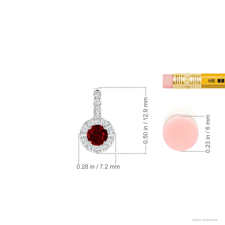 4mm AAAA Ruby Pendant with Bar-Set Diamond Halo in White Gold ruler