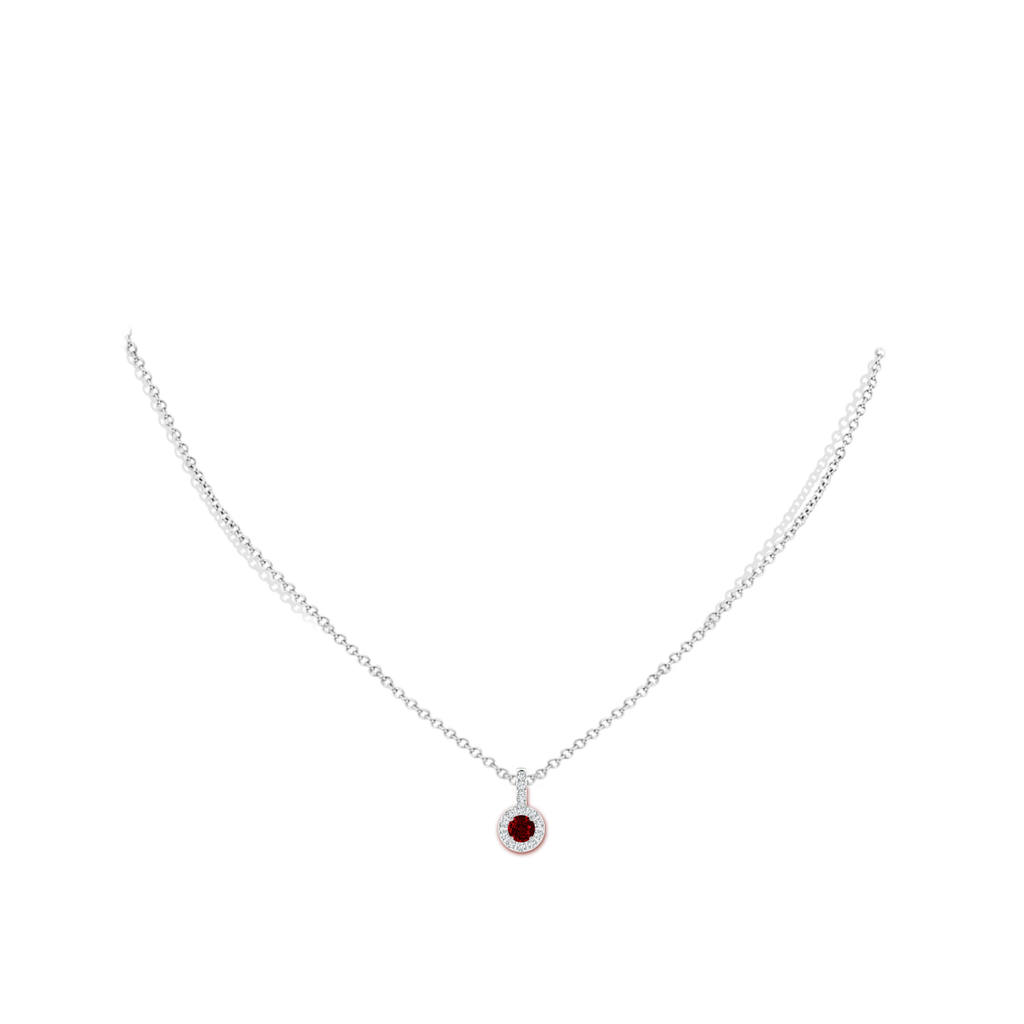 4mm AAAA Ruby Pendant with Bar-Set Diamond Halo in White Gold Body-Neck