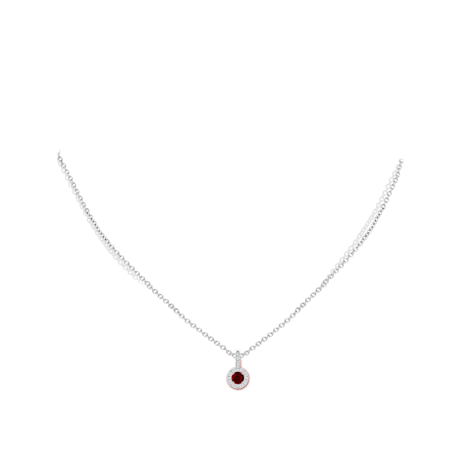 4mm AAAA Ruby Pendant with Bar-Set Diamond Halo in White Gold body-neck