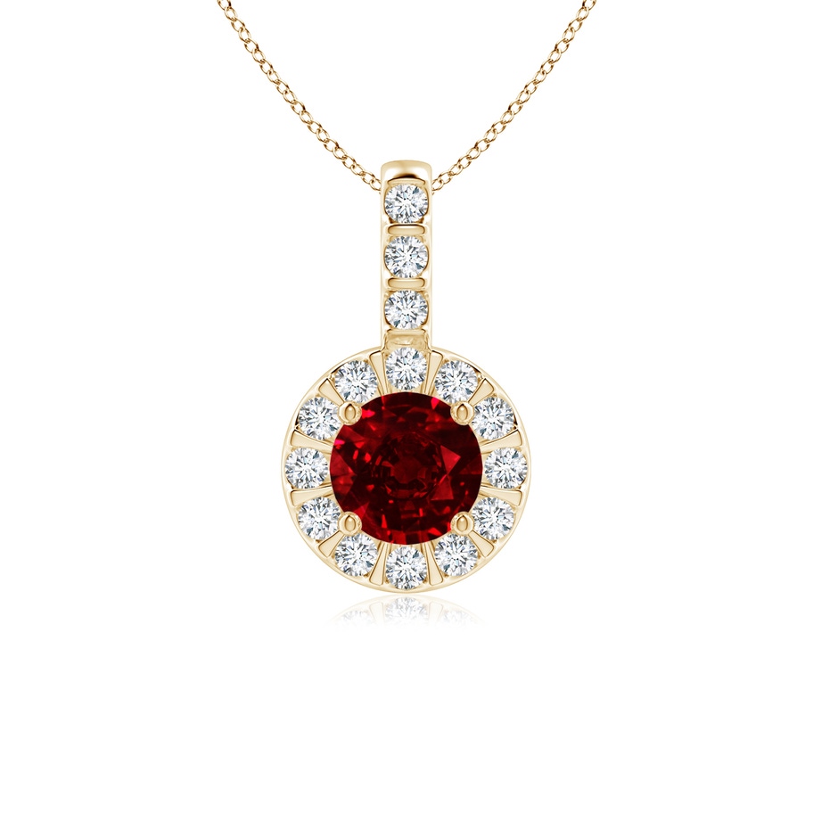 5mm AAAA Ruby Pendant with Bar-Set Diamond Halo in Yellow Gold 
