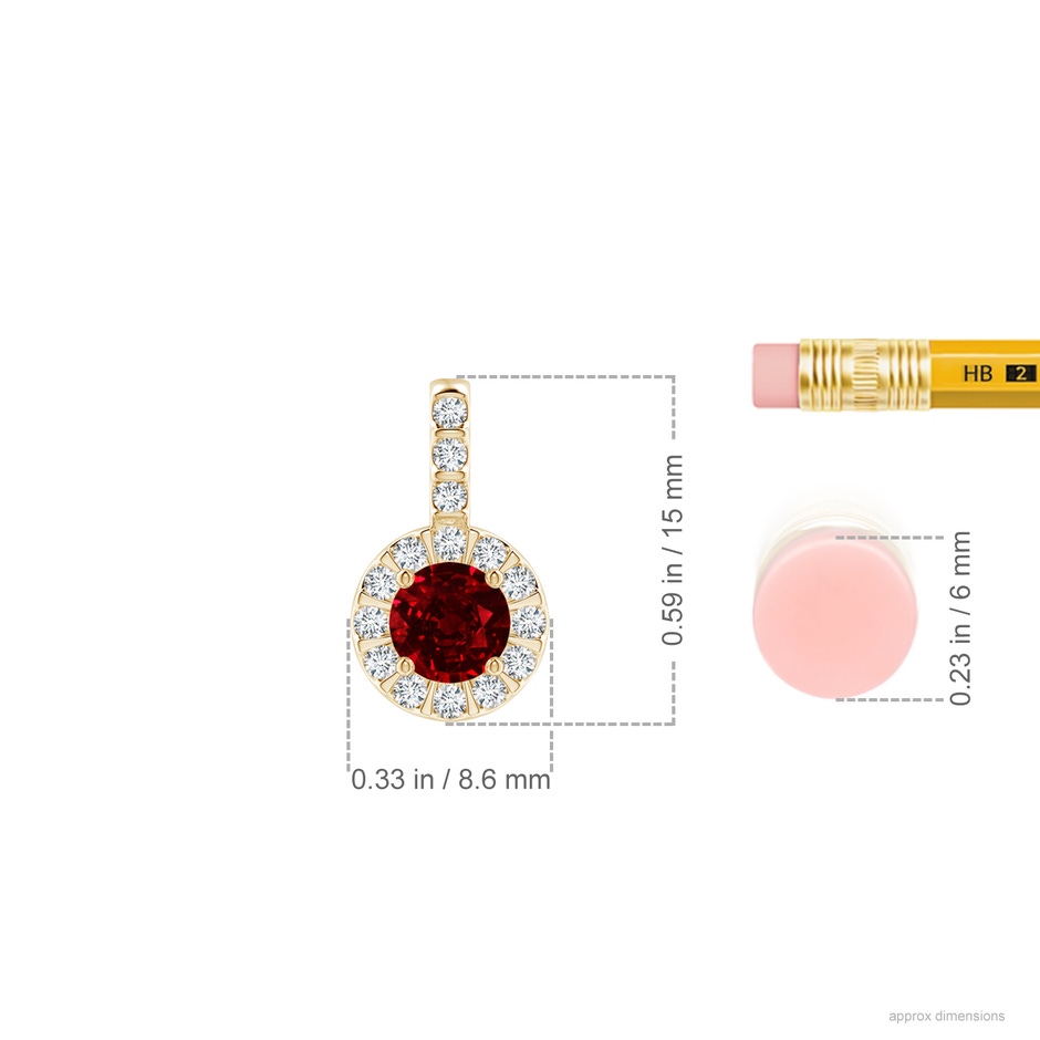 5mm AAAA Ruby Pendant with Bar-Set Diamond Halo in Yellow Gold ruler