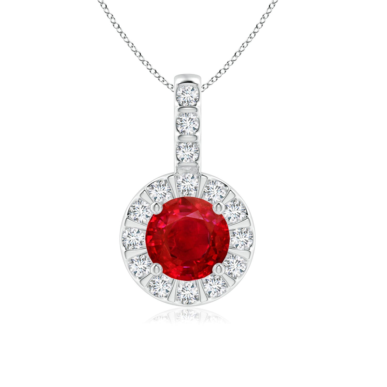 6mm AAA Ruby Pendant with Bar-Set Diamond Halo in 18K White Gold