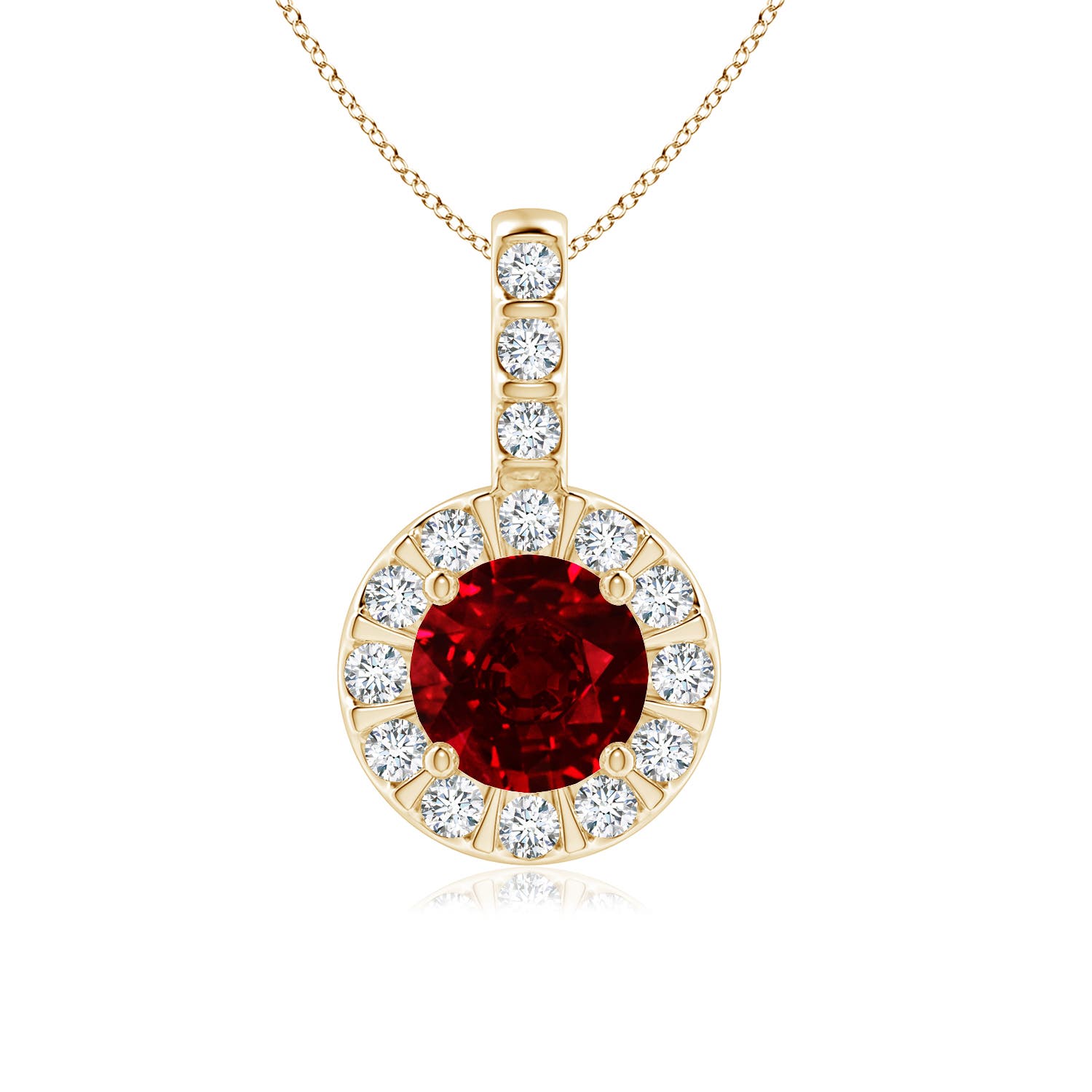 6mm AAAA Ruby Pendant with Bar-Set Diamond Halo in 18K Yellow Gold