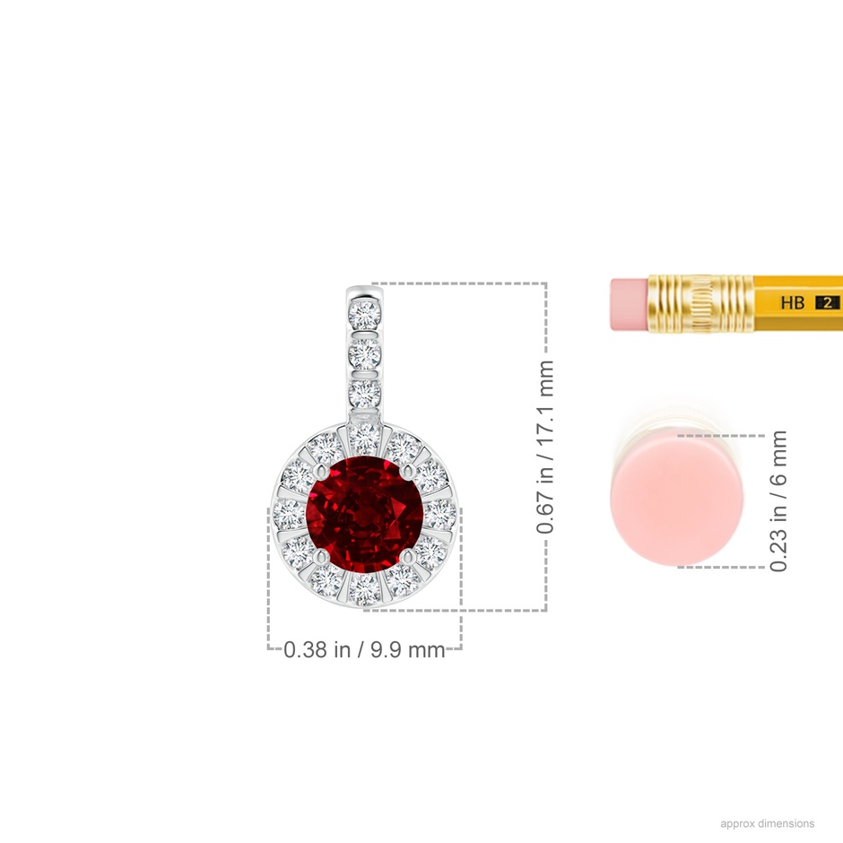 6mm AAAA Ruby Pendant with Bar-Set Diamond Halo in White Gold ruler