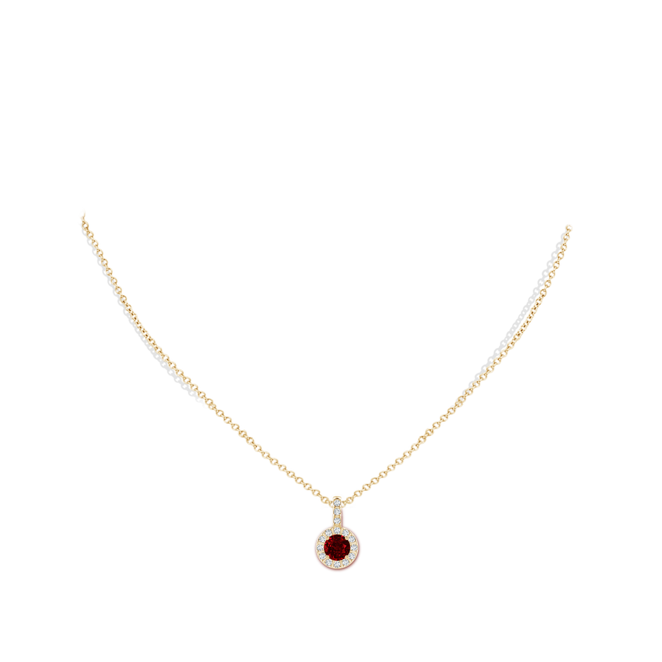 6mm AAAA Ruby Pendant with Bar-Set Diamond Halo in Yellow Gold body-neck