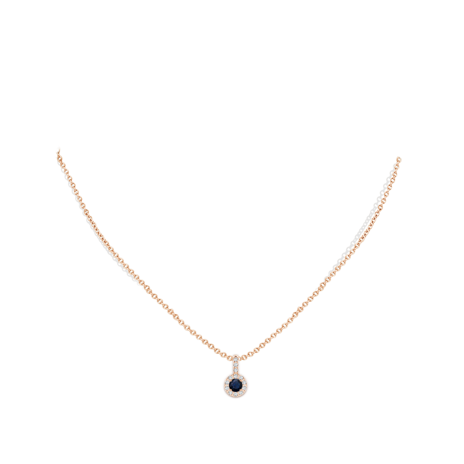 4mm A Blue Sapphire Pendant with Bar-Set Diamond Halo in Rose Gold body-neck