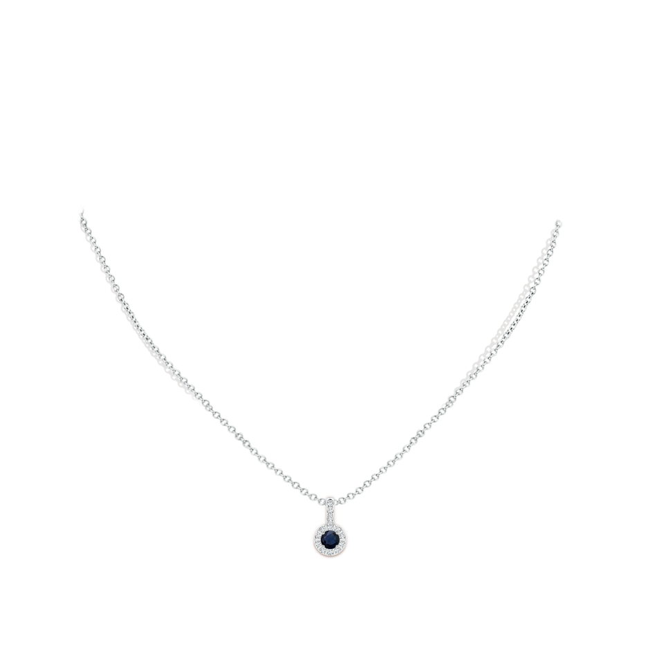 4mm A Blue Sapphire Pendant with Bar-Set Diamond Halo in White Gold body-neck