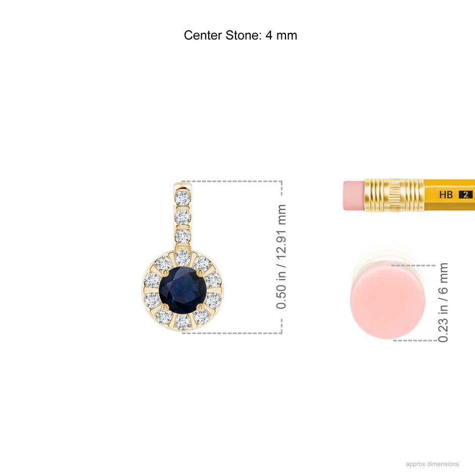 4mm A Blue Sapphire Pendant with Bar-Set Diamond Halo in Yellow Gold ruler