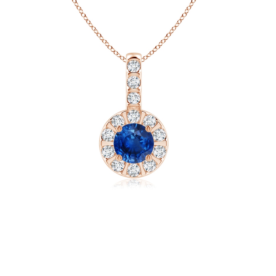4mm AAA Blue Sapphire Pendant with Bar-Set Diamond Halo in Rose Gold 