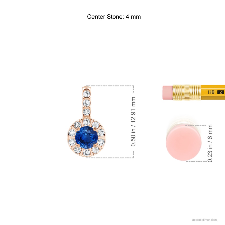 4mm AAA Blue Sapphire Pendant with Bar-Set Diamond Halo in Rose Gold ruler