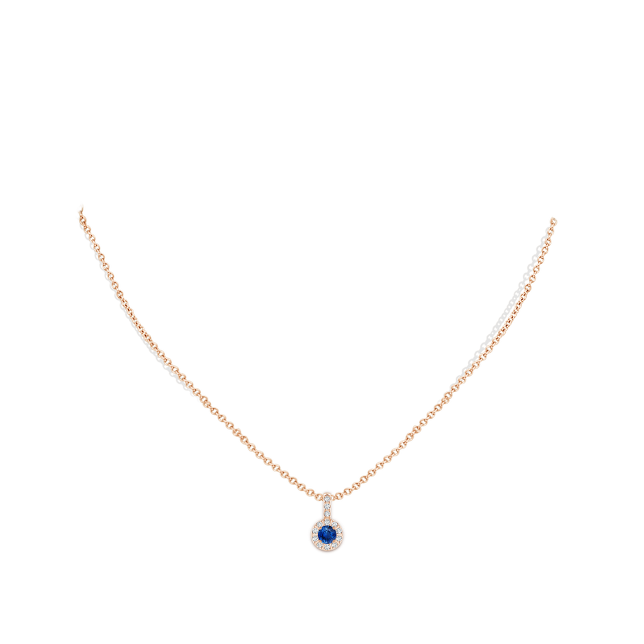 4mm AAA Blue Sapphire Pendant with Bar-Set Diamond Halo in Rose Gold body-neck