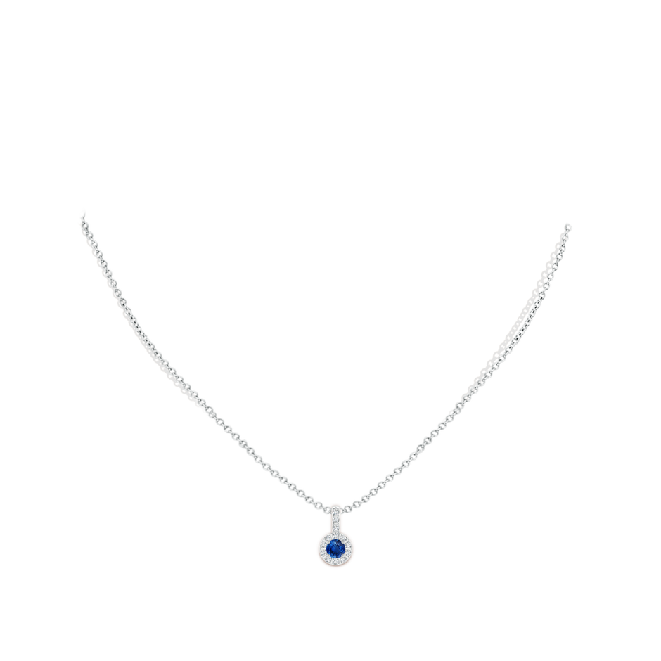 4mm AAA Blue Sapphire Pendant with Bar-Set Diamond Halo in White Gold body-neck