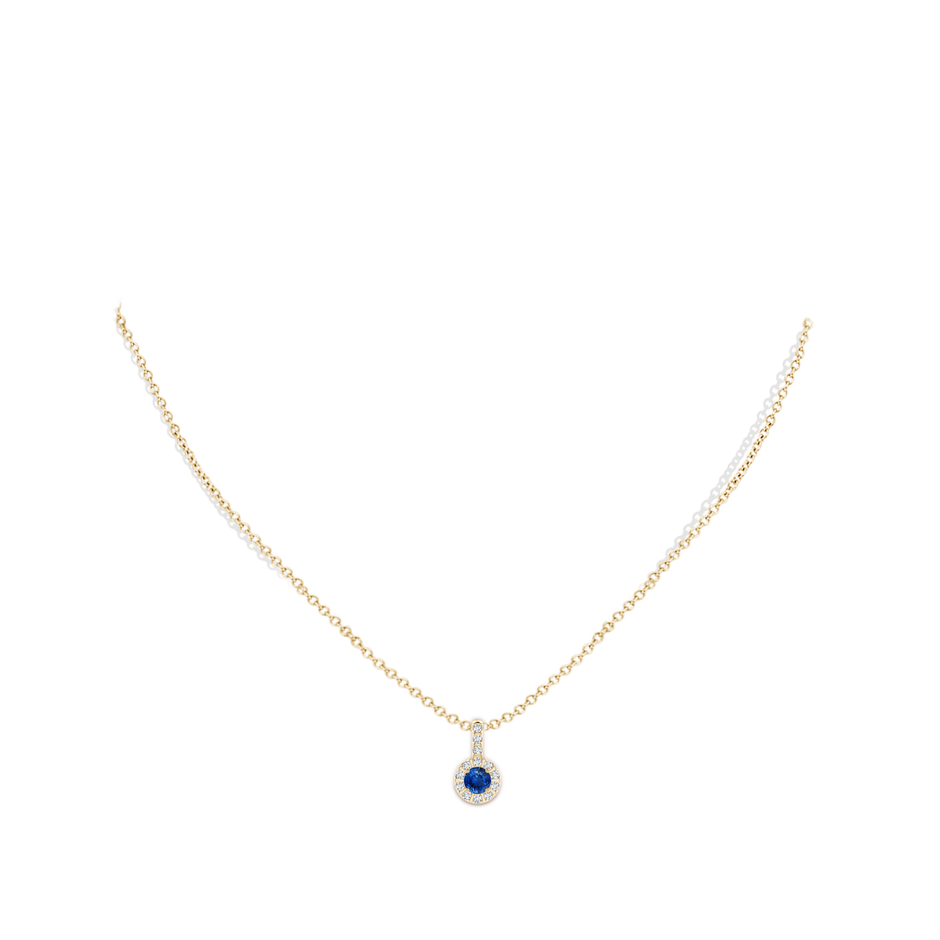 4mm AAA Blue Sapphire Pendant with Bar-Set Diamond Halo in Yellow Gold body-neck