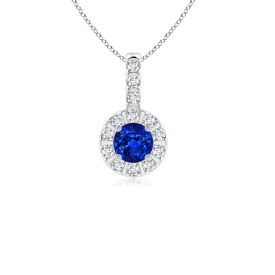4mm AAAA Blue Sapphire Pendant with Bar-Set Diamond Halo in White Gold 