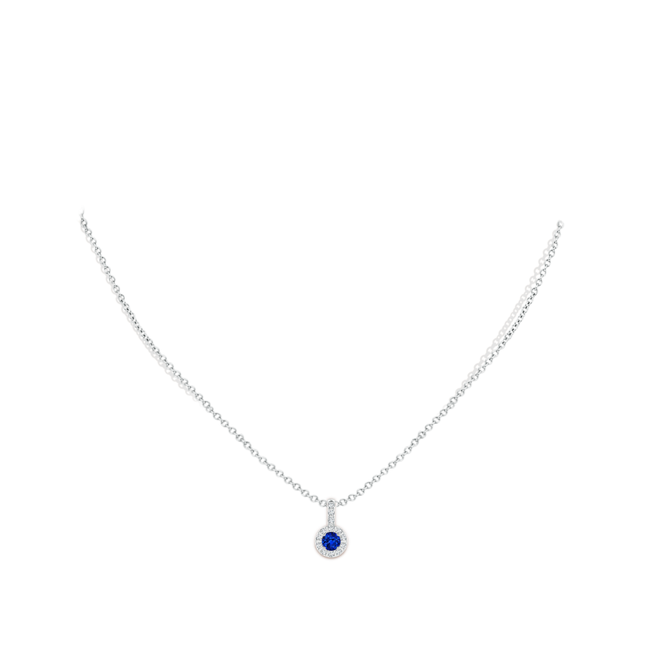 4mm AAAA Blue Sapphire Pendant with Bar-Set Diamond Halo in White Gold body-neck
