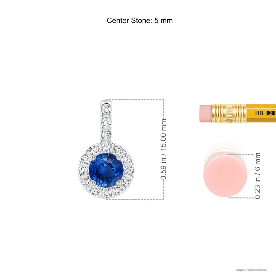 5mm AAA Blue Sapphire Pendant with Bar-Set Diamond Halo in White Gold ruler