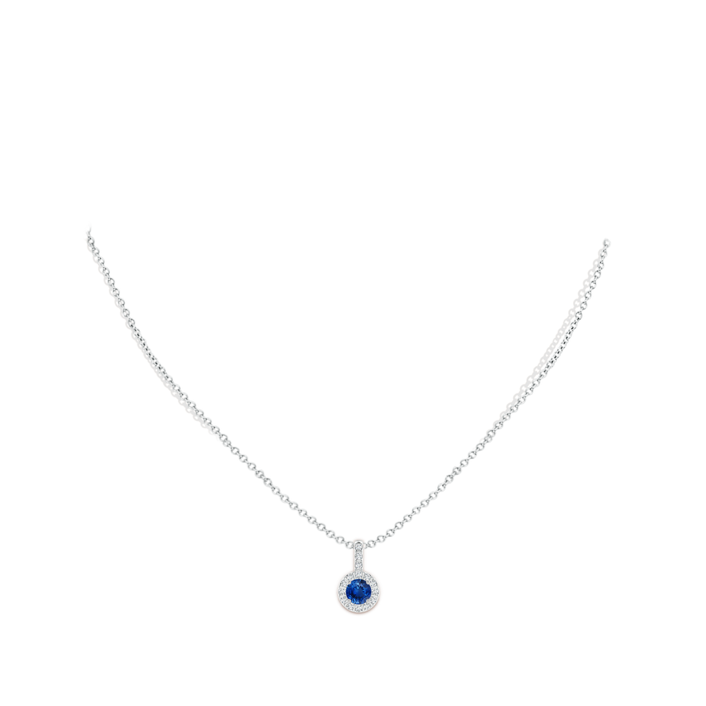 5mm AAA Blue Sapphire Pendant with Bar-Set Diamond Halo in White Gold Body-Neck