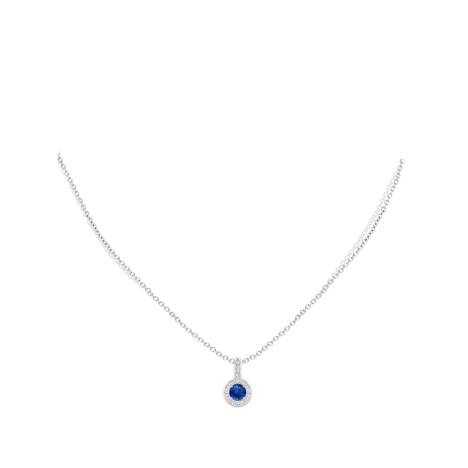 5mm AAA Blue Sapphire Pendant with Bar-Set Diamond Halo in White Gold body-neck