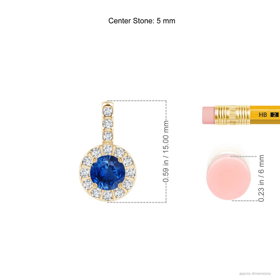 5mm AAA Blue Sapphire Pendant with Bar-Set Diamond Halo in Yellow Gold ruler