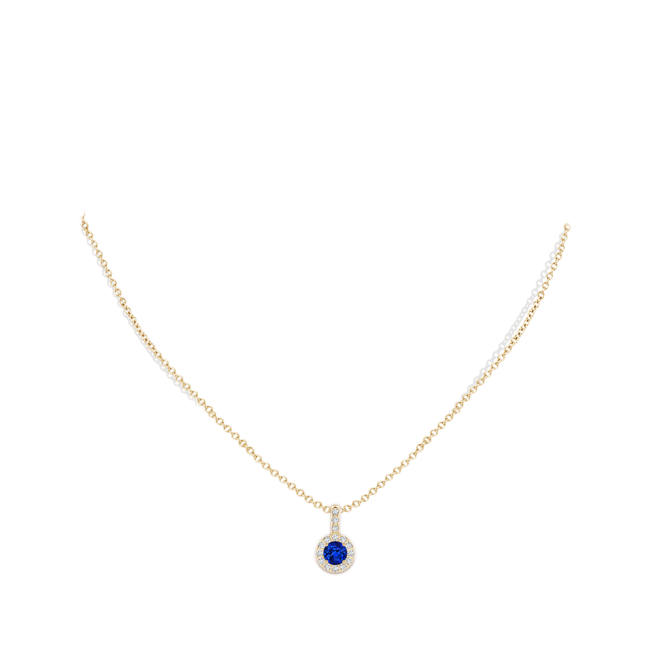 5mm Lab-Grown Blue Sapphire Pendant with Bar-Set Diamond Halo in Yellow Gold body-neck