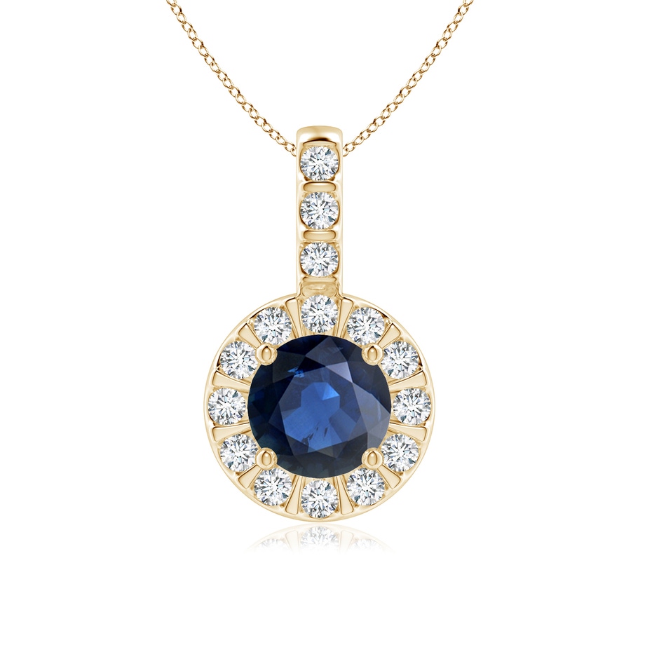 6mm AA Blue Sapphire Pendant with Bar-Set Diamond Halo in Yellow Gold 