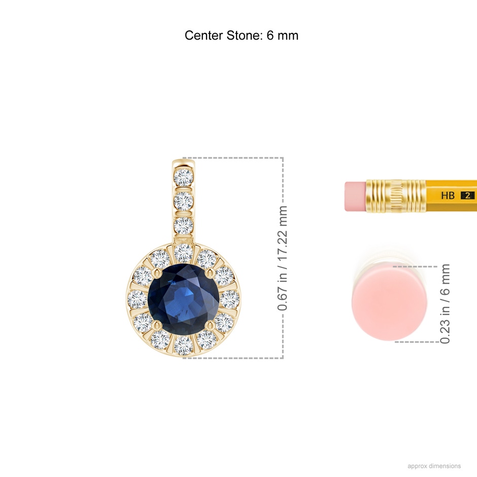 6mm AA Blue Sapphire Pendant with Bar-Set Diamond Halo in Yellow Gold ruler
