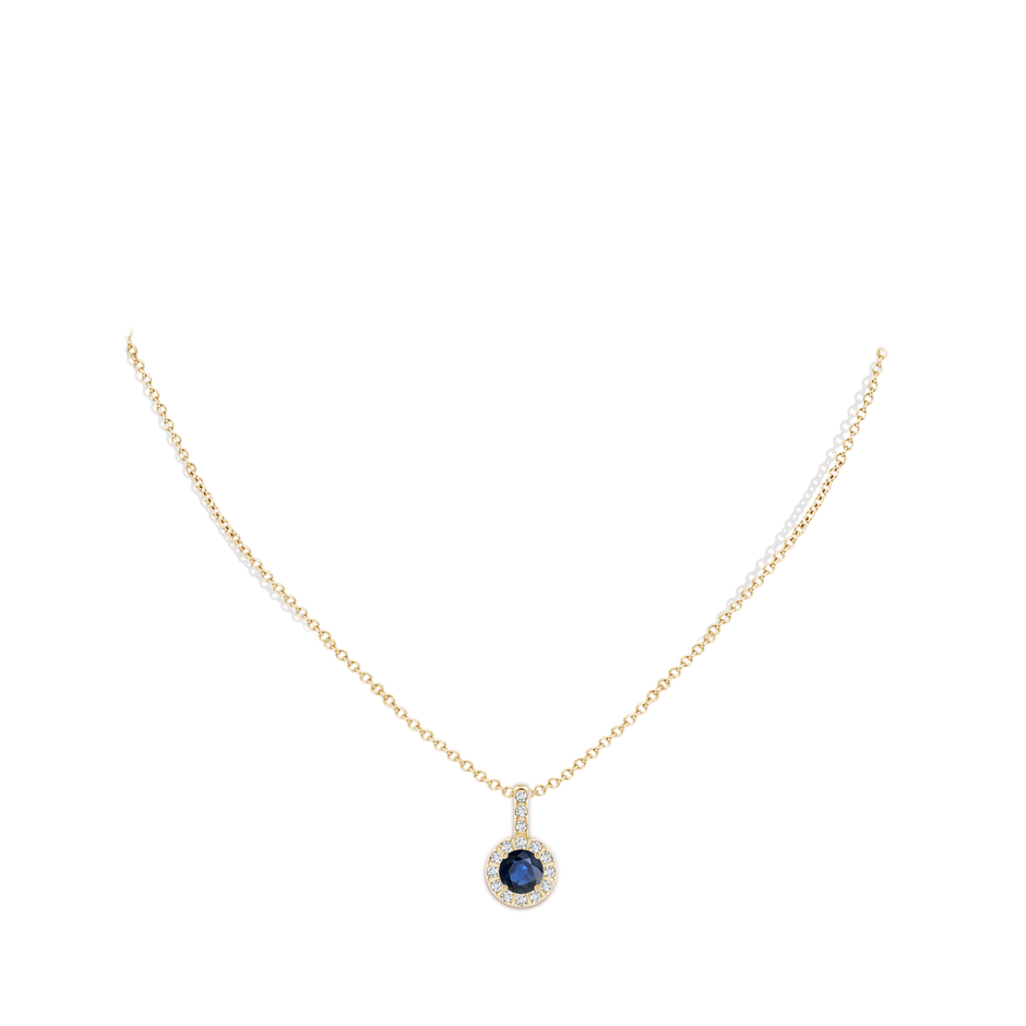 6mm AA Blue Sapphire Pendant with Bar-Set Diamond Halo in Yellow Gold body-neck