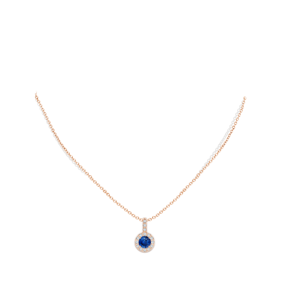 6mm AAA Blue Sapphire Pendant with Bar-Set Diamond Halo in Rose Gold body-neck