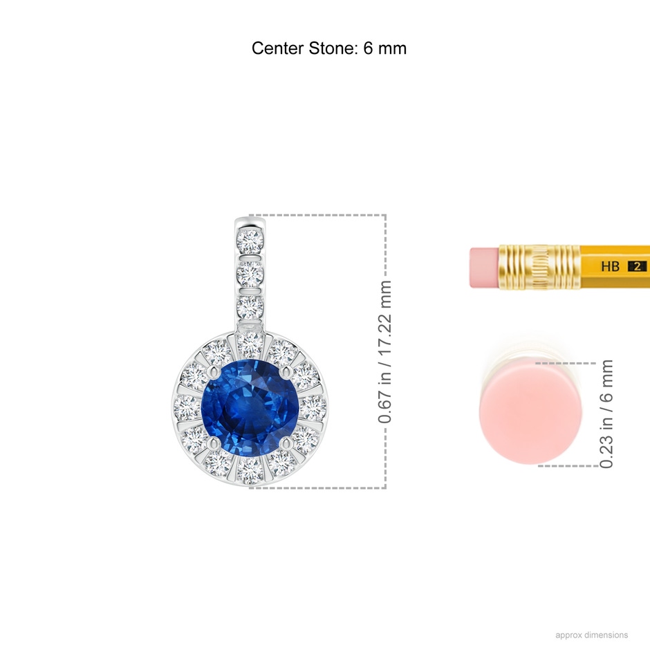 6mm AAA Blue Sapphire Pendant with Bar-Set Diamond Halo in White Gold ruler