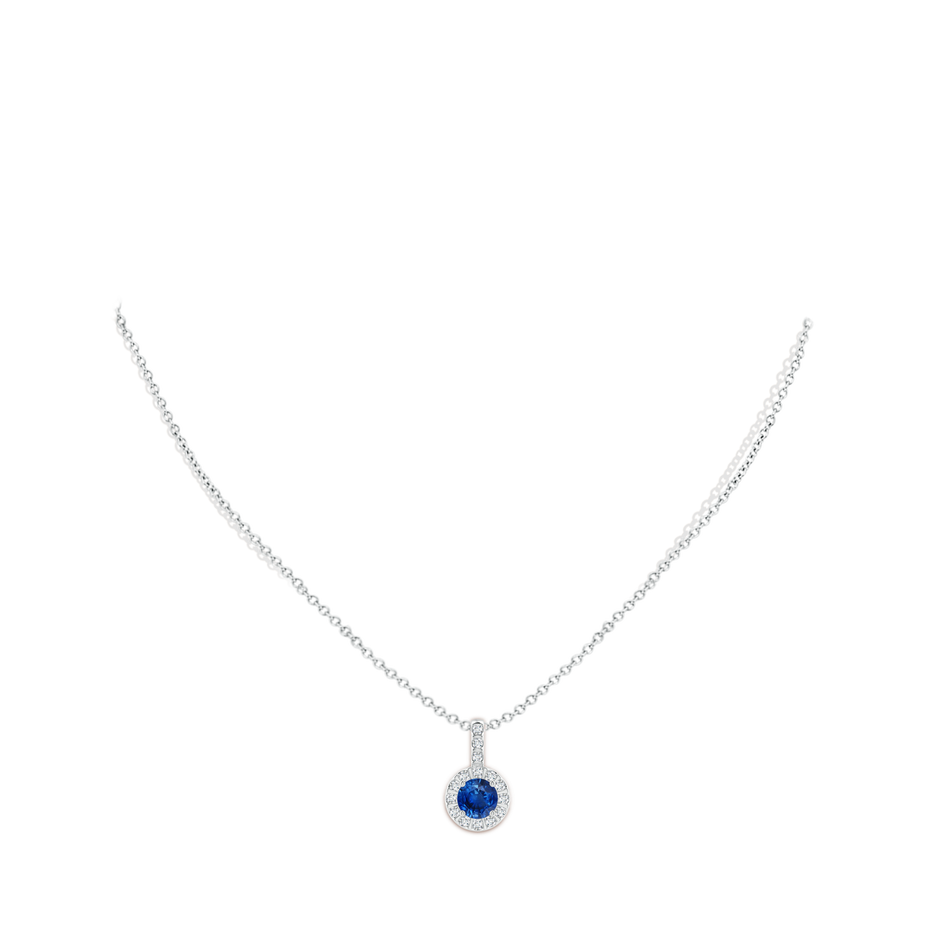 6mm AAA Blue Sapphire Pendant with Bar-Set Diamond Halo in White Gold body-neck