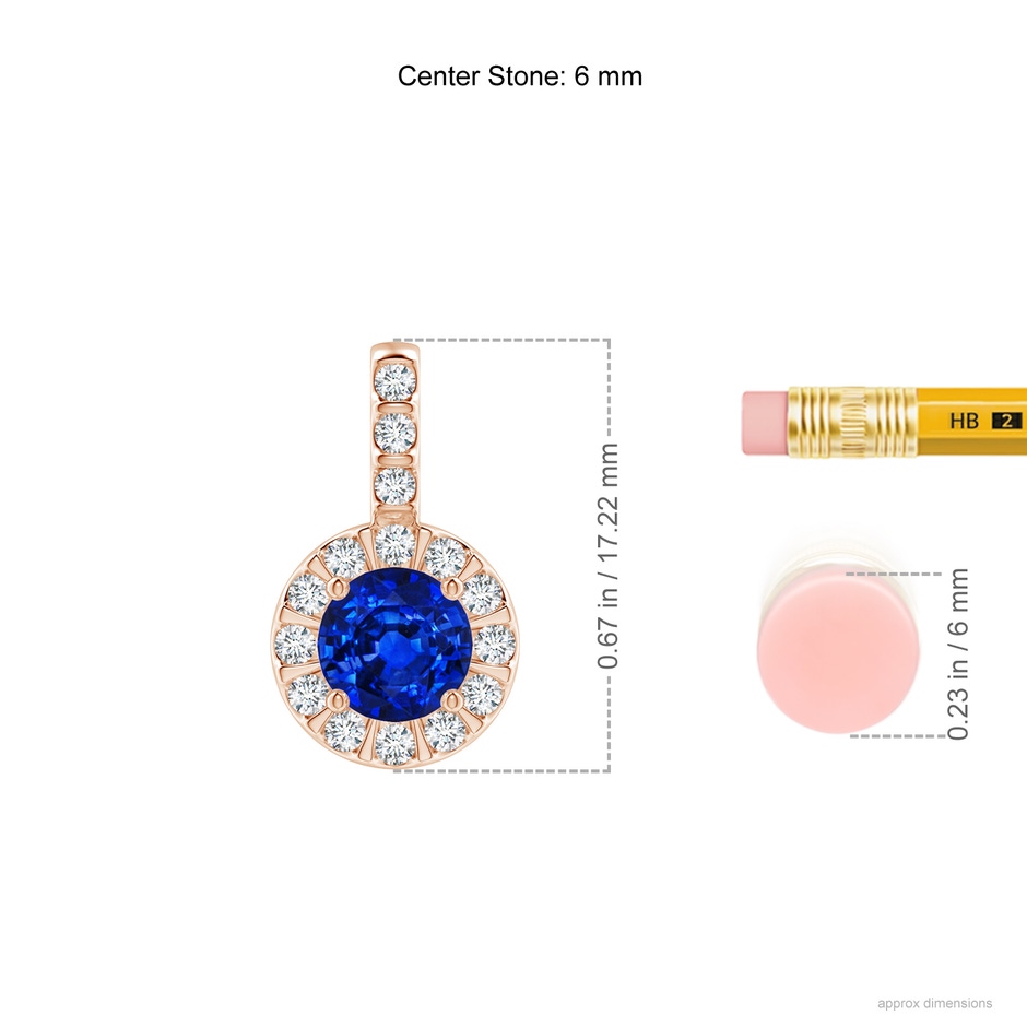 6mm Lab-Grown Blue Sapphire Pendant with Bar-Set Diamond Halo in Rose Gold ruler