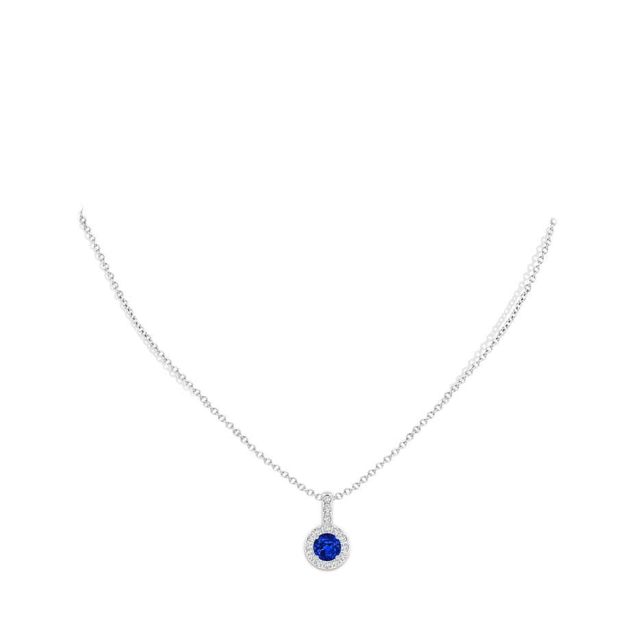 6mm Lab-Grown Blue Sapphire Pendant with Bar-Set Diamond Halo in White Gold body-neck