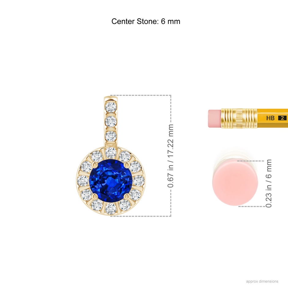 6mm AAAA Blue Sapphire Pendant with Bar-Set Diamond Halo in Yellow Gold ruler