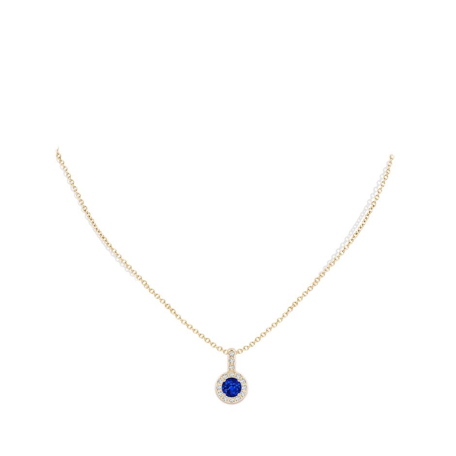 6mm AAAA Blue Sapphire Pendant with Bar-Set Diamond Halo in Yellow Gold body-neck