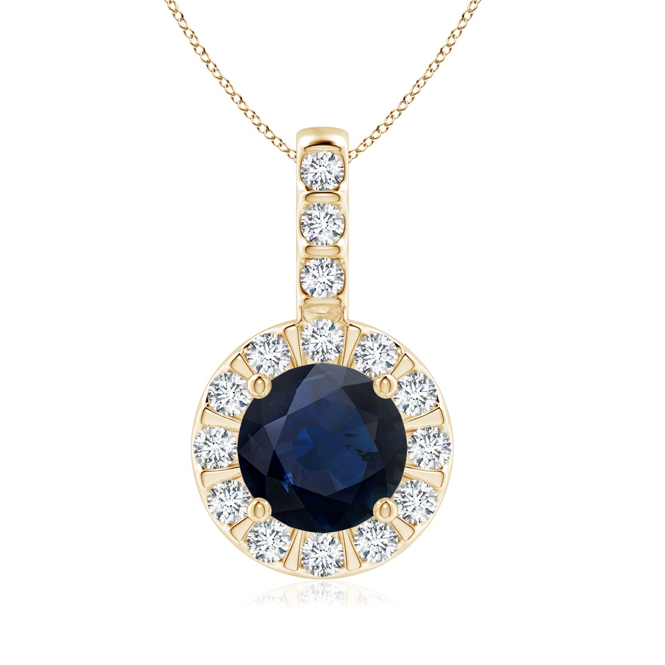 7mm A Blue Sapphire Pendant with Bar-Set Diamond Halo in Yellow Gold 