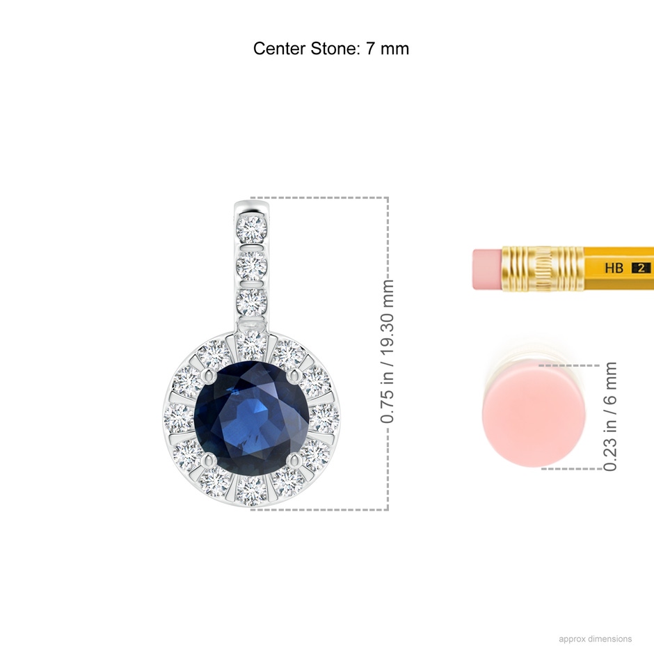 7mm AA Blue Sapphire Pendant with Bar-Set Diamond Halo in White Gold ruler