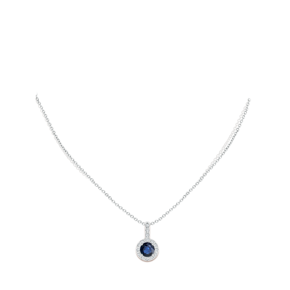 7mm AA Blue Sapphire Pendant with Bar-Set Diamond Halo in White Gold body-neck