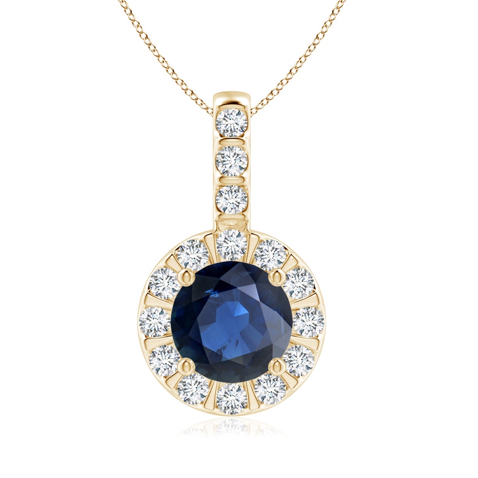 7mm AA Blue Sapphire Pendant with Bar-Set Diamond Halo in Yellow Gold 