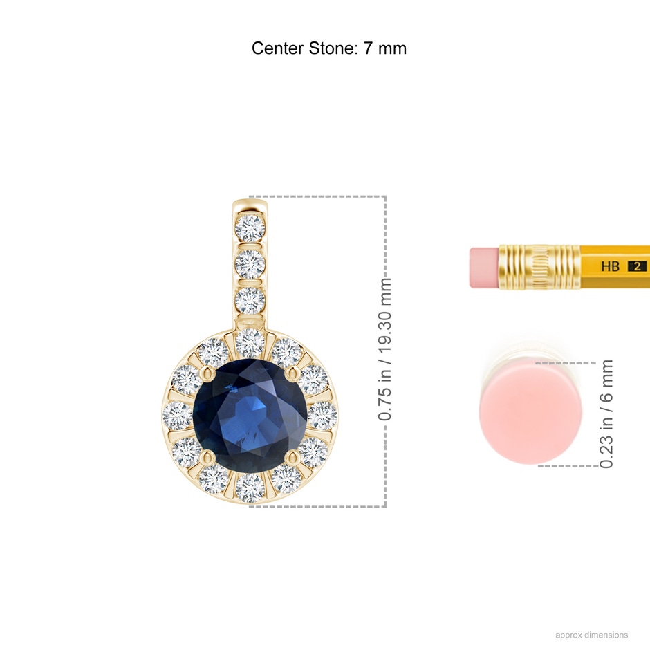 7mm AA Blue Sapphire Pendant with Bar-Set Diamond Halo in Yellow Gold ruler