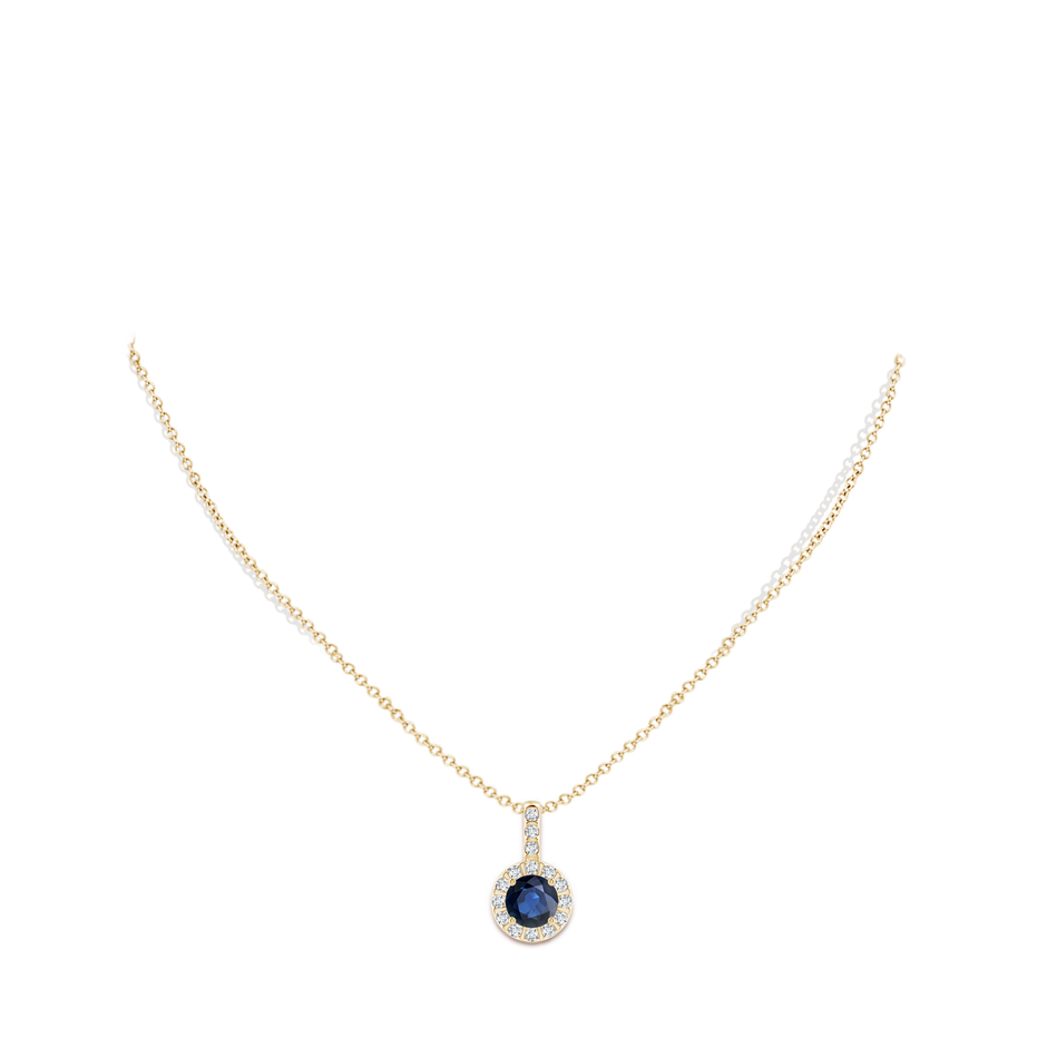 7mm AA Blue Sapphire Pendant with Bar-Set Diamond Halo in Yellow Gold body-neck