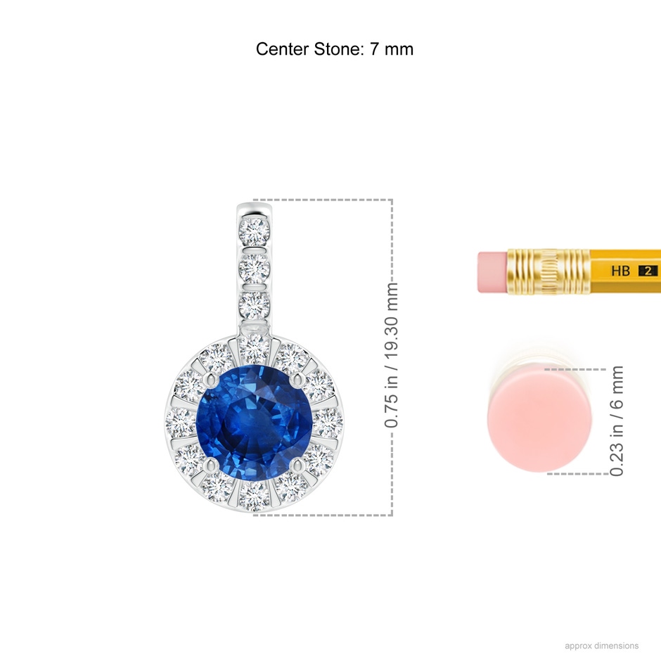 7mm AAA Blue Sapphire Pendant with Bar-Set Diamond Halo in White Gold ruler