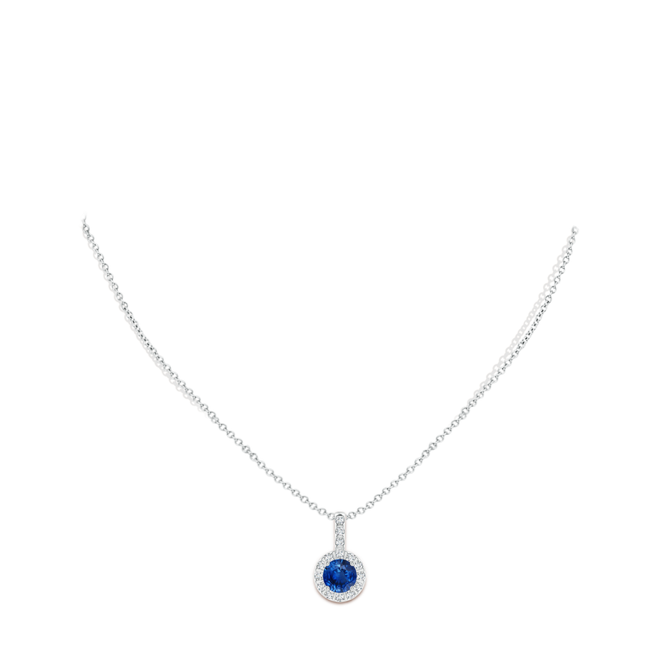 7mm AAA Blue Sapphire Pendant with Bar-Set Diamond Halo in White Gold body-neck