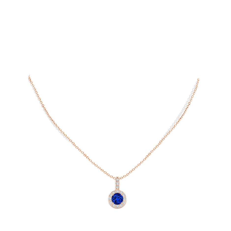 7mm AAAA Blue Sapphire Pendant with Bar-Set Diamond Halo in Rose Gold body-neck