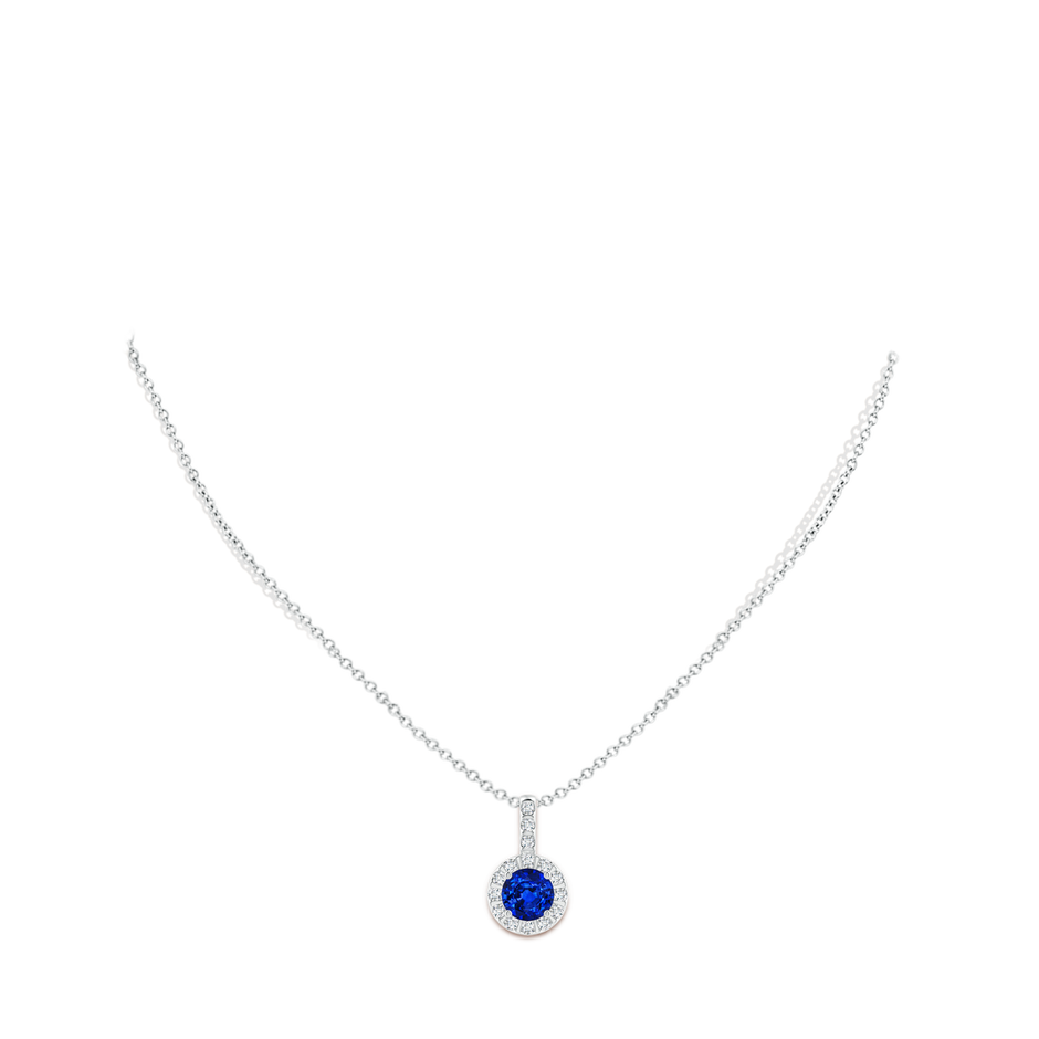 7mm Lab-Grown Blue Sapphire Pendant with Bar-Set Diamond Halo in White Gold body-neck