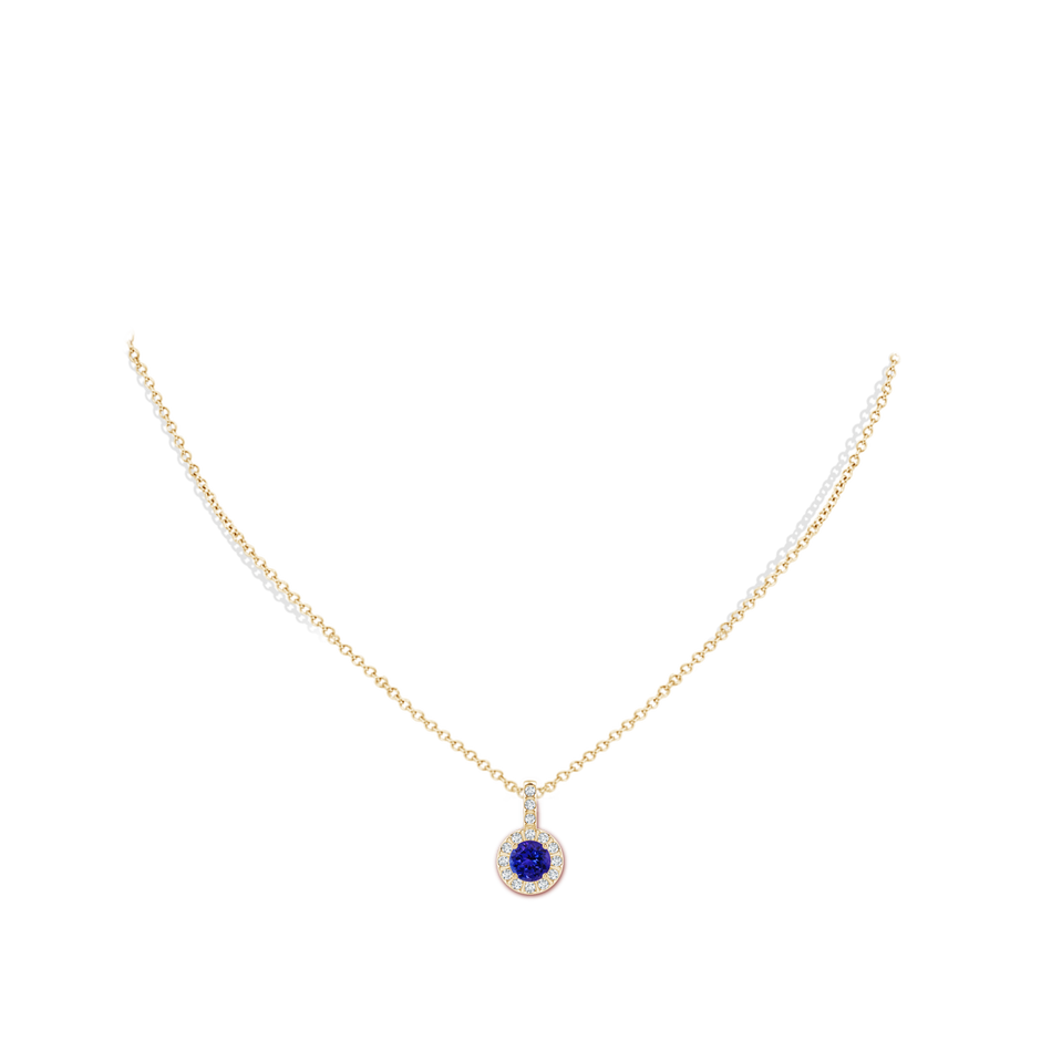 6mm AAAA Tanzanite Pendant with Bar-Set Diamond Halo in Yellow Gold body-neck