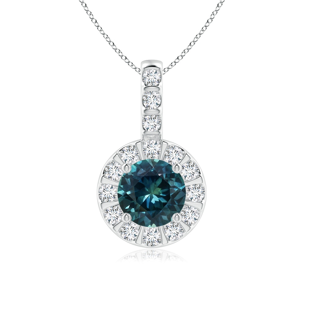 6mm AAA Teal Montana Sapphire Pendant with Bar-Set Diamond Halo in White Gold