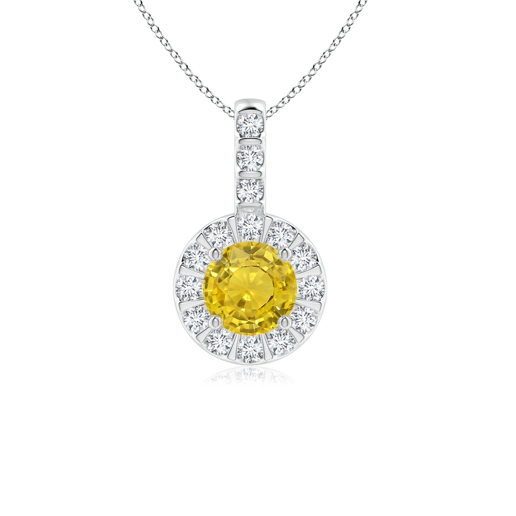 5mm AAA Vintage Style Yellow Sapphire and Diamond Halo Pendant in White Gold