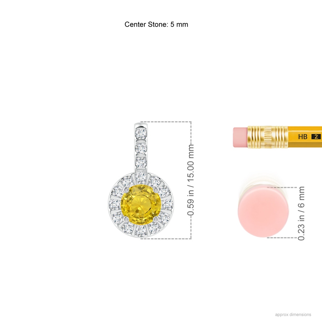 5mm AAA Vintage Style Yellow Sapphire and Diamond Halo Pendant in White Gold Ruler