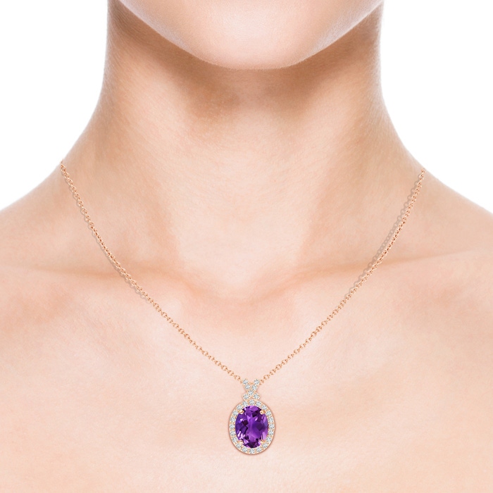 10x8mm AAAA Vintage Style Amethyst Pendant with Diamond Halo in Rose Gold product image