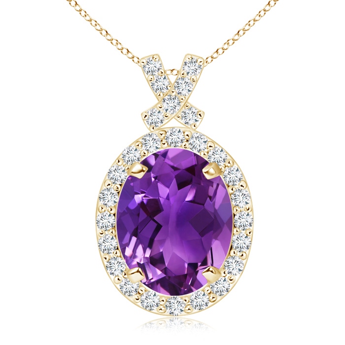 10x8mm AAAA Vintage Style Amethyst Pendant with Diamond Halo in Yellow Gold